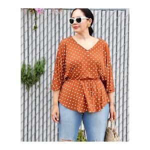 Girl With Curves V-Neck Knit Top,‎ Rust, Brown, Polka Dots, Large